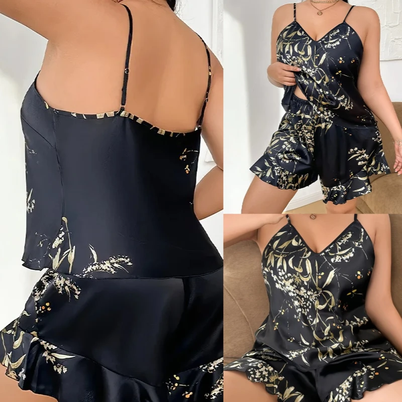 

Комплект женской пижамы больших размеров с принтом: летний атласный комплект для сна, сексуальный топ на бретельках и шорты, домашняя одежда, пижамный костюм