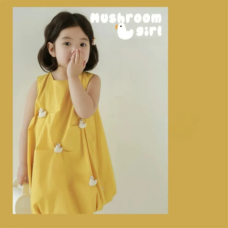 Summer Cute Little Yellow Duck Girl Cotton Dress Casual Yellow Dress 0-6 Year Old Fashionable Baby Photography Dress Clothes