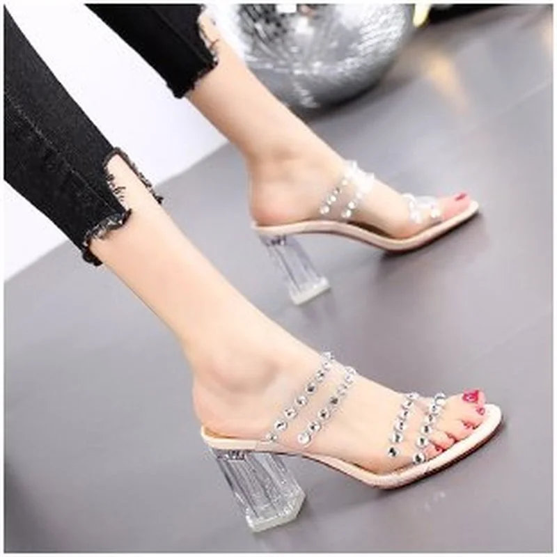 2022 Summer New Fashion Rhinestone High Heels Thick Heel Outer Wear Transparent Net Red Sexy Comfortable Sandals Women’s