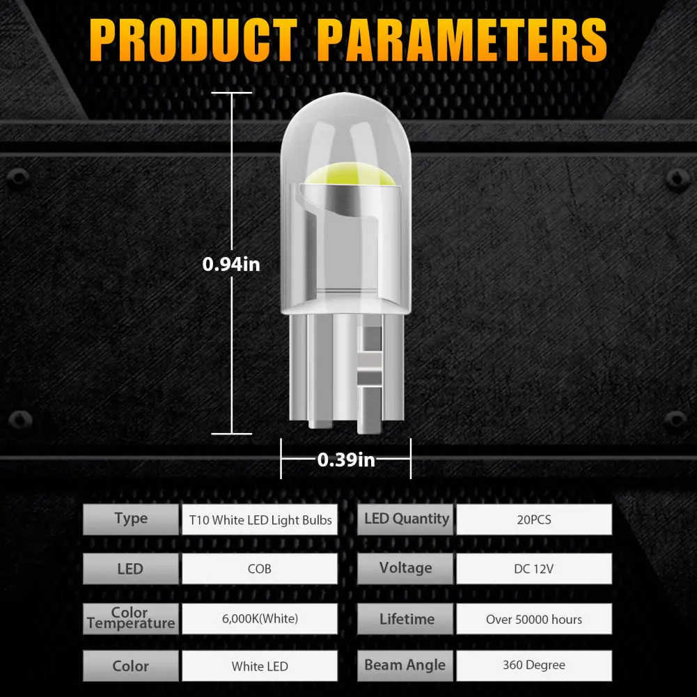 20 Stuks T10 Led Licht Volledig Lichtdoorlatende Breedte Lamp Nummerplaat Verlichting 1.44W 6000K Cob Lamp Modificatie Accessoires