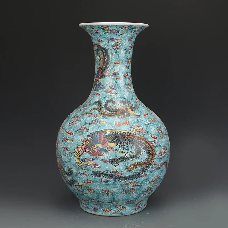 

FG10Enamel Phoenix Pattern Luminous Vase Antique Porcelain Antique Collectible Decorative Ornament