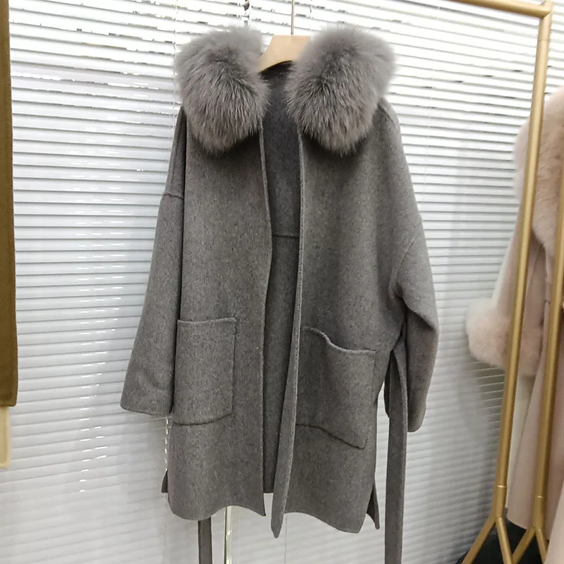 Woman Gray Coat With Real Fox Fur Hooded Trim Loose Warm Wool Blended Plus Size Coats Ladies Belt Jacket Oversize Outwear Female