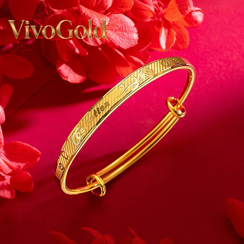 VivoGoldWomen's 9999 24K Real Gold Carnation Flower Carving Adjustable Bracelet Mom Gift Bangle
