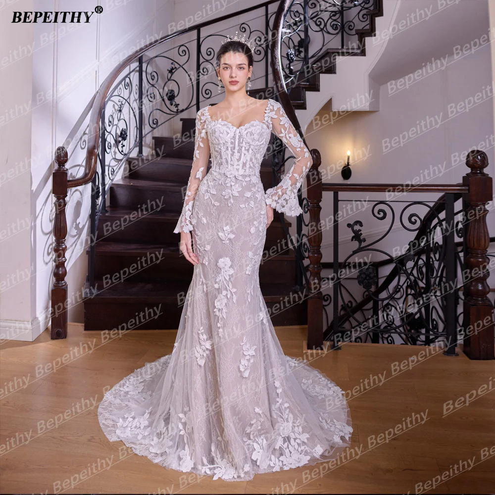 mermaid wedding dress champagne Champagne Spaghetti-Strap Mermaid Wedding Dress with Split