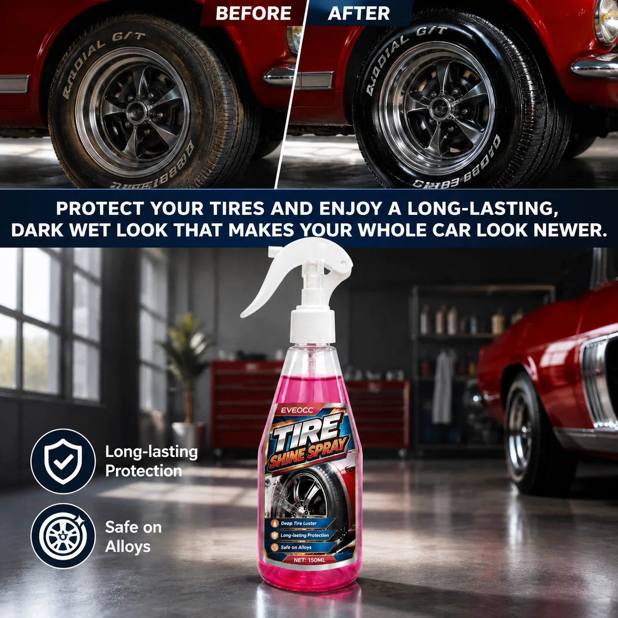 EVEOCC Car Tire Shine Restorer Spray, Bring Deep Luster & Long-Time Protection for Automobile Rubber Tires