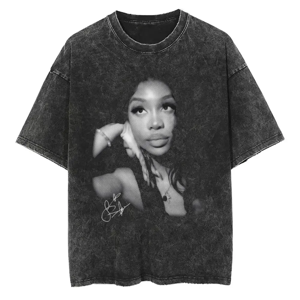 

Washed Vintage Rapper SZA Face Graphic T-shirt Men Women Hip Hop Fashion Oversized T Shirts Men's Casual Cotton Retro T-shirts