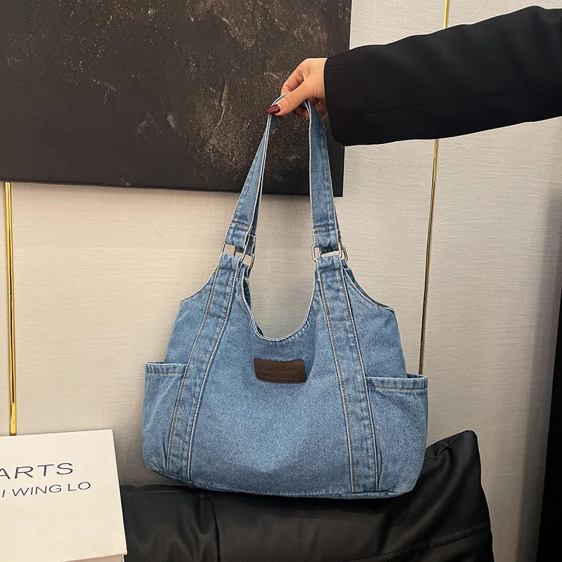 

Casual Simple Women's Denim Shoulder Bags Large Capacity Thread Design Ladies Shopping Bag Tote Fashion Female Armpit Handbags