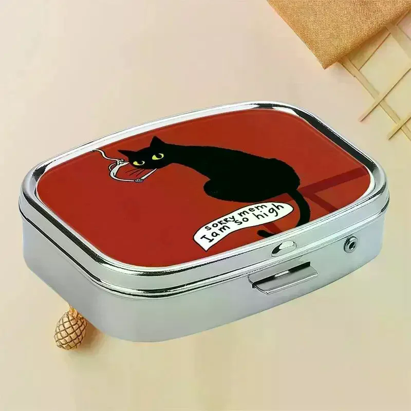 Black Cat Portable Pill Box 2 Grid Metal Mini Medicine Case Pill Organizer Small Travel Medicine Box For Pocket & Purse Funny
