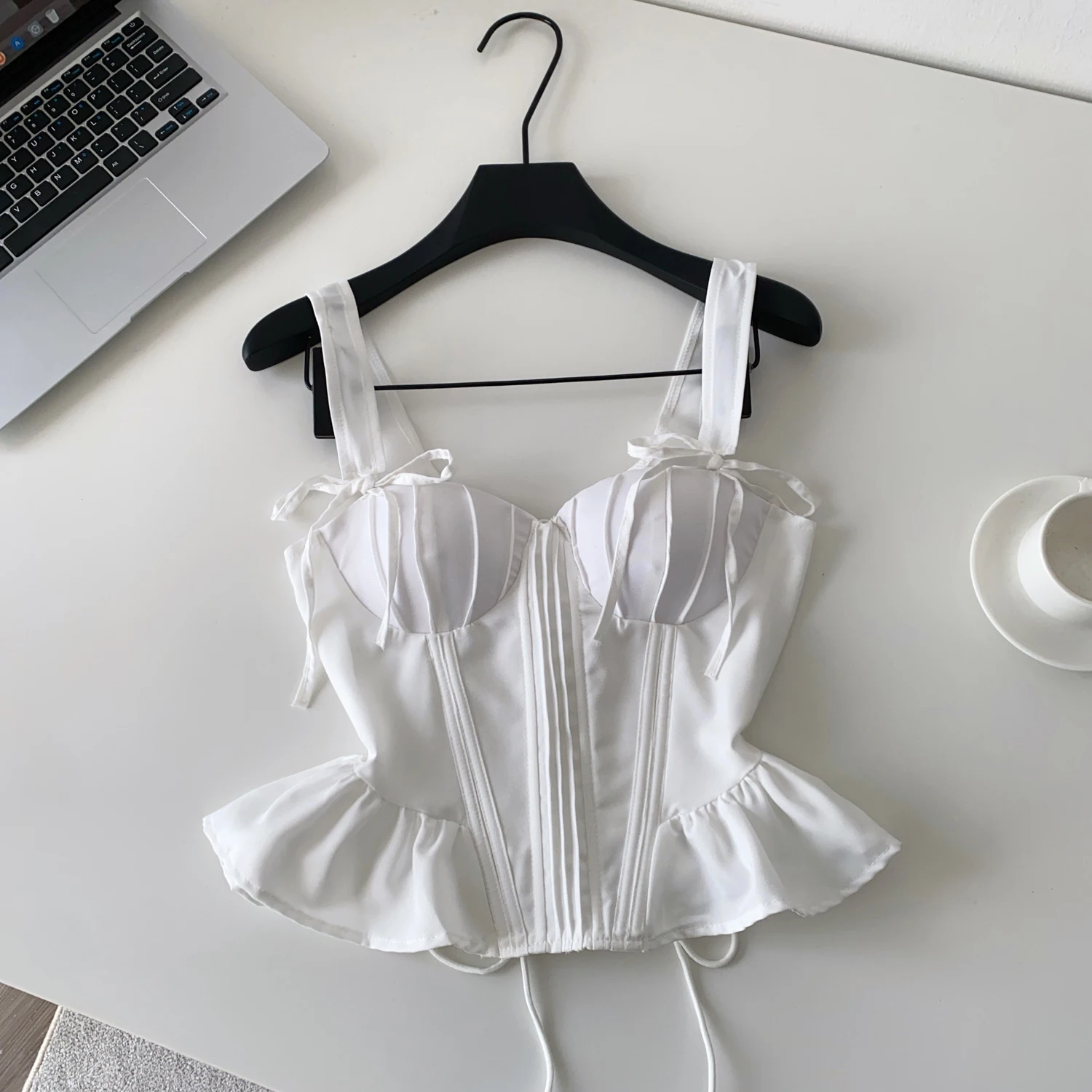 Chic Vintage sleeveless ruffle satin off shoulder Tank Top Korean Fashion autumn Women Sling Crop Top