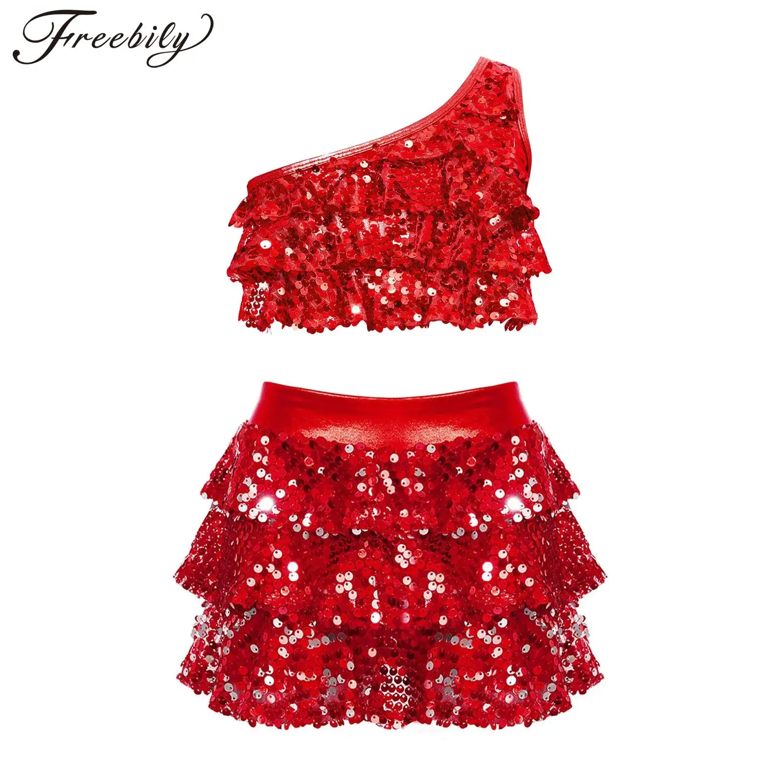 Sequins Modern Jazz Latin Dance Costume for Kids Girls Sparkle Crop Top and Skirt Ballet Gymnastics Performance Costume