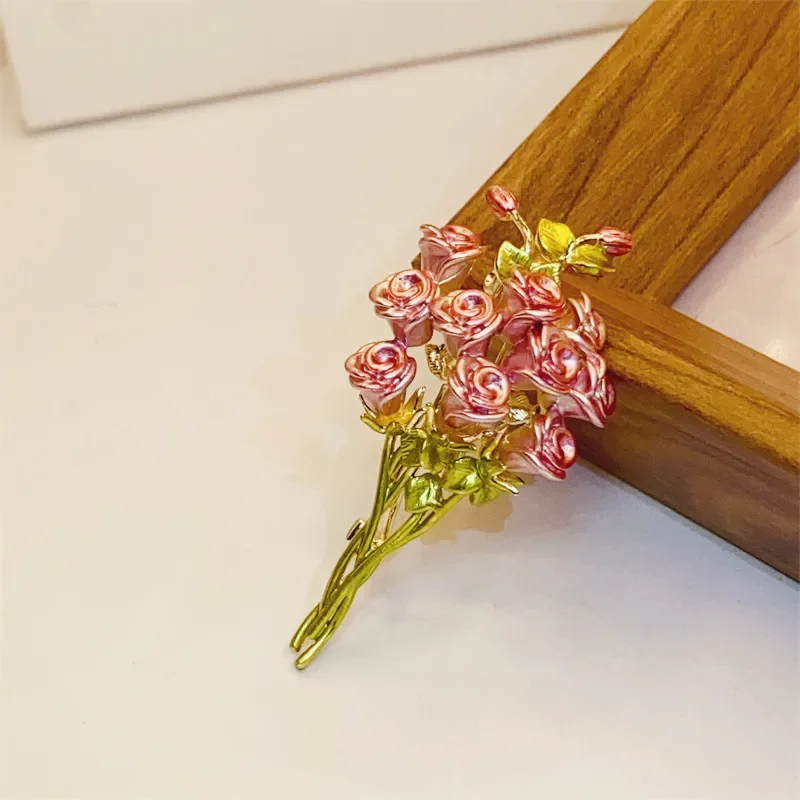Vintage Pink Rose Flower Brooches For Women Unisex Beautiful Bouquet Plants Party Office Brooch Pins Gifts