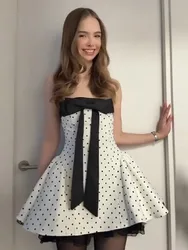 Elegant White Black Polka Dot Strapless Mini Dress Sexy Sleeveless Oversized Bow Front Flared Hem Vestido 2026 New Party Gowns