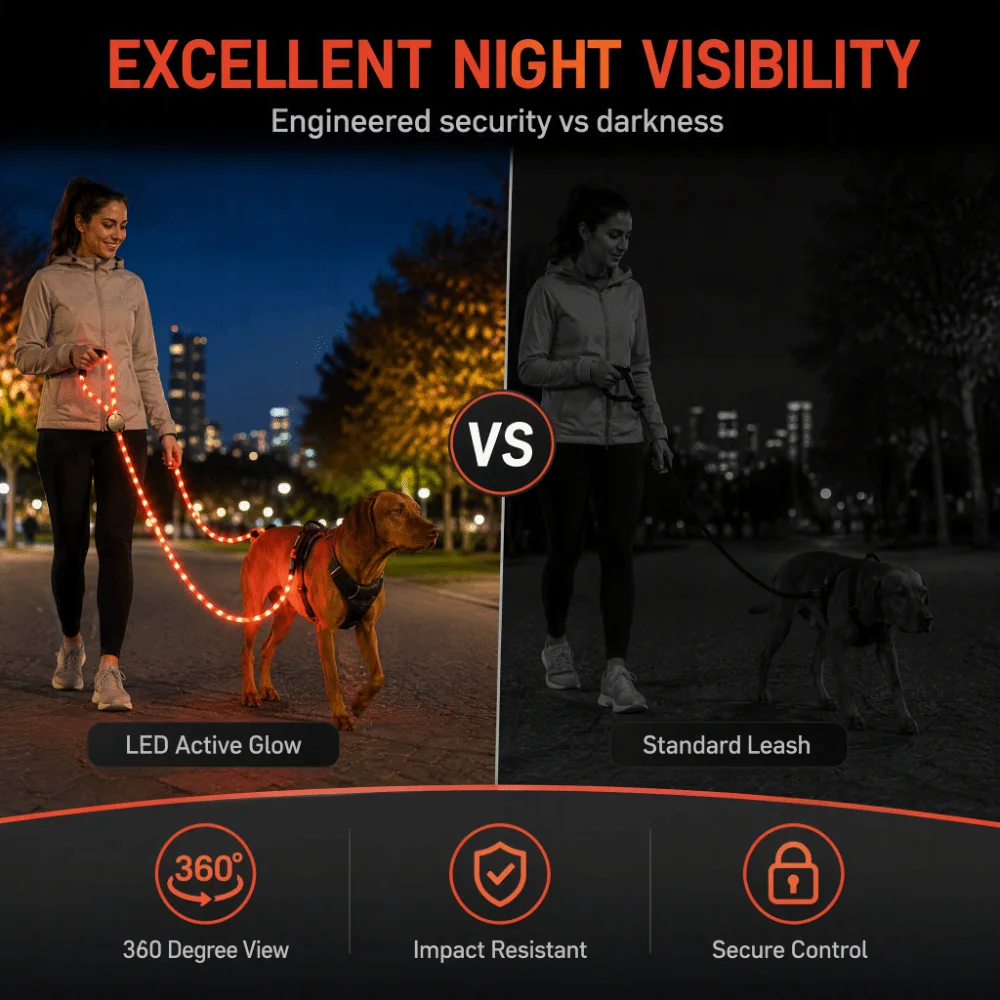 USB Charging LED Dog Leash Spiral Braided Nylon Sturdy Wear Resistant Pet Traction Rope Soft Foam Handle Movable O Ring