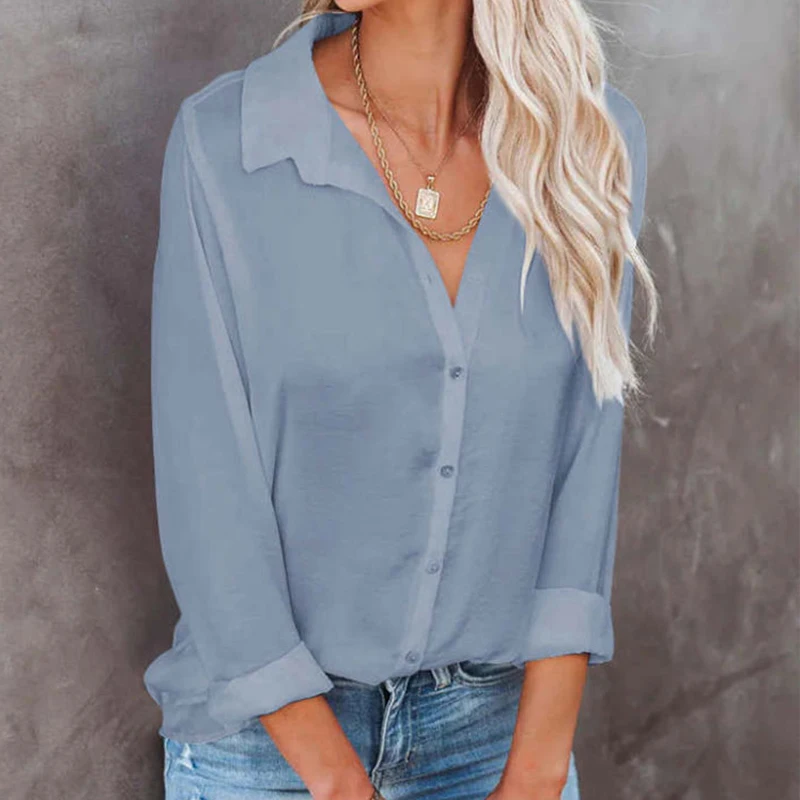 Women Shirt Casual Solid Elegant Long Sleeve Button Front Shirt Blouse Summer Tops Loose Fashion Womens Tops And Blouses