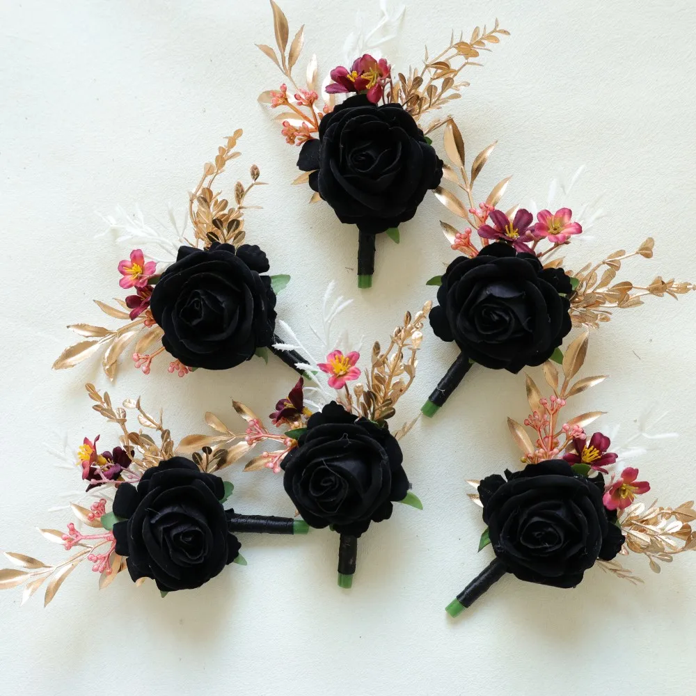 صدرية المعصم السوداء وزهرة العروة على المعصم للعروس وصيفة العروس الزفاف العروة للرجال العريس وصيف الزفاف #1