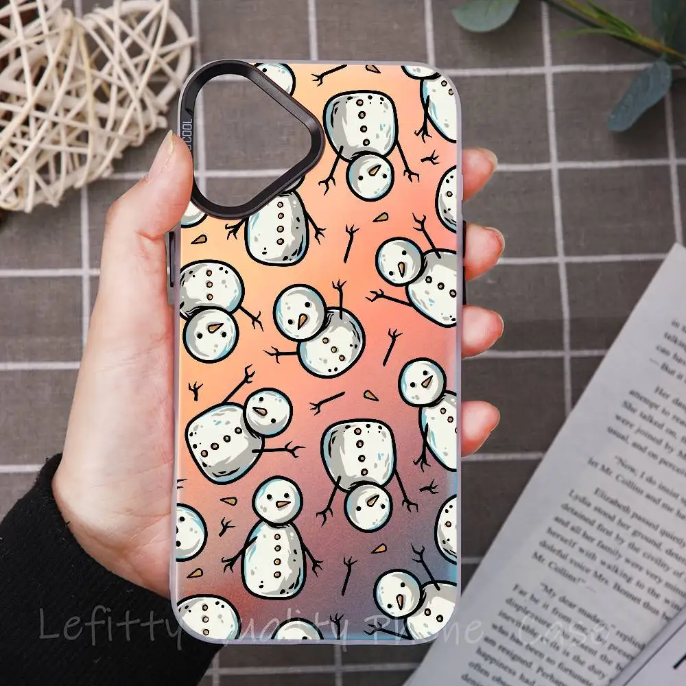 

Cute Round Snowman Phone Case For IPhone 16 15 14 13 12 11 Pro Max Matte Aurora Multicolor Laser Metallic Gradient Funda