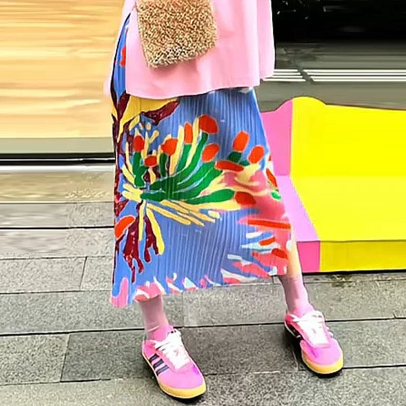 

High end women's clothing 2024 summer new print pleated skirt contrasting color slit straight tube skirt korean fashion