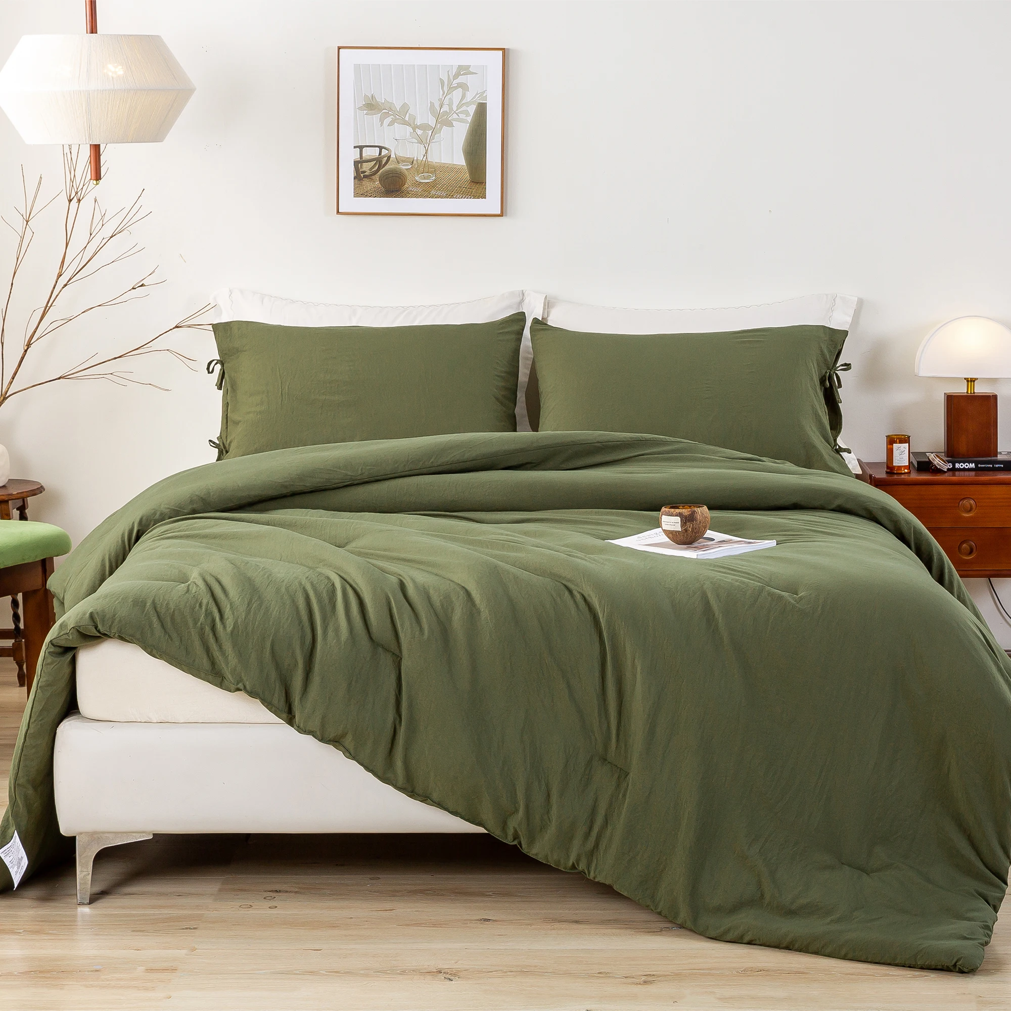 Comfy Down Alternative Bed Blanket Comforter Set and Pillowcase Lightweight but Warm All Season - Dark Olive Green Queen Size