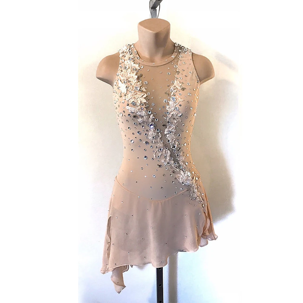 

Figure Skating Dress Women Sleeves Quality Crystals Irregular Skirt Kids Competition Rhythmic Gym Leotards Child