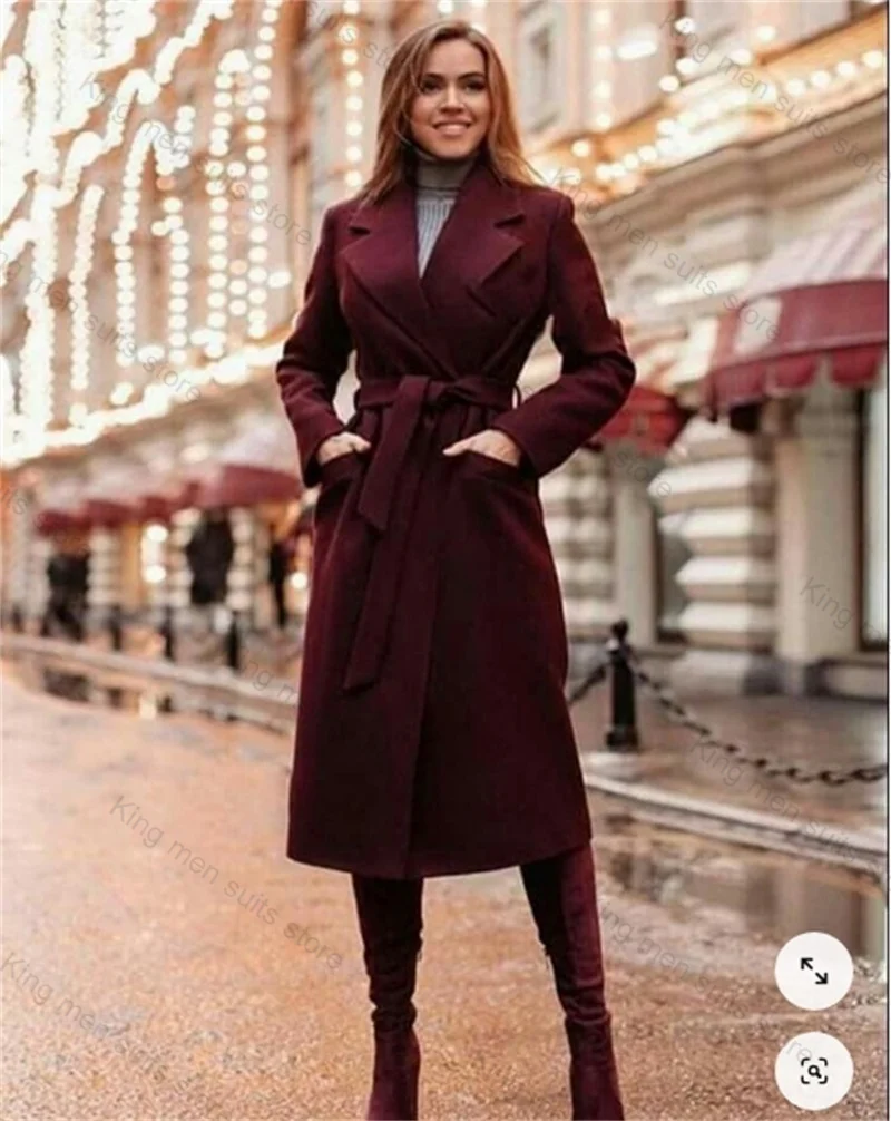 

Burgundy Wool Women Suit Long Blazer Belt Cashmere Overcoat Customized Formal Office Lady Wedding Prom Dress Winter Jacket Coat