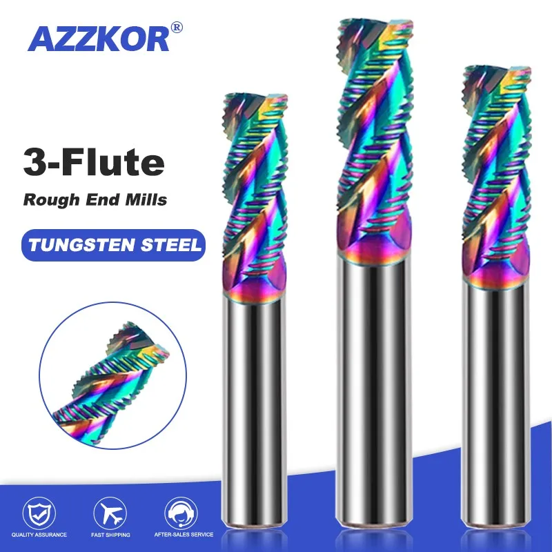 Azzkor Tungstênio Aço Carboneto Fresa Cortador 3-flauta Áspero Revestimento Colorido End Mill Ferramentas Alumínio Cnc Usinagem Hrc60