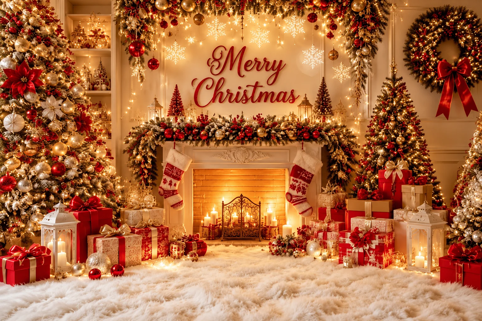Merry Christmas Backdrop Fireplace Red Gold Trees Wreath Gifts Snowflakes Lights Winter Holiday Photography Background Decor