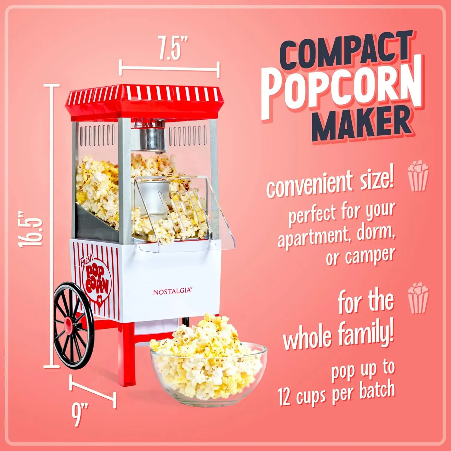 Vintage Hot-Air Popcorn Maker Machine - Makes Up to 12 Cups - Oil-Free - Healthier Popcorn - Classic Stand-Up Cart Wit