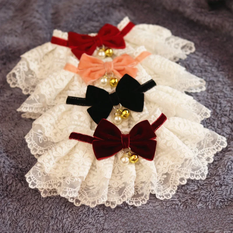Pet Lace Bib Saliva Towel Flocking Bowknot Neck Collar Adjustable Decor Necklace Kitten Small Puppy Photo Dress Up Supplies