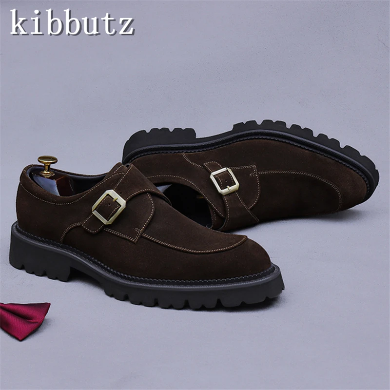 

Autumn New Cow Suede Men Dress Shoes Retro Style Round Toe Buckle Thick Sole Loafers Comfort Casual Business Shoes