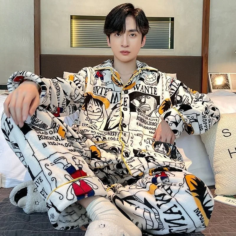 

2025 Winter New One Piece Warm Pajamas Set Anime Peripheral Cartoon Characters Luffy Zoro Plush Warm Home Pajamas Boyfriend Gift