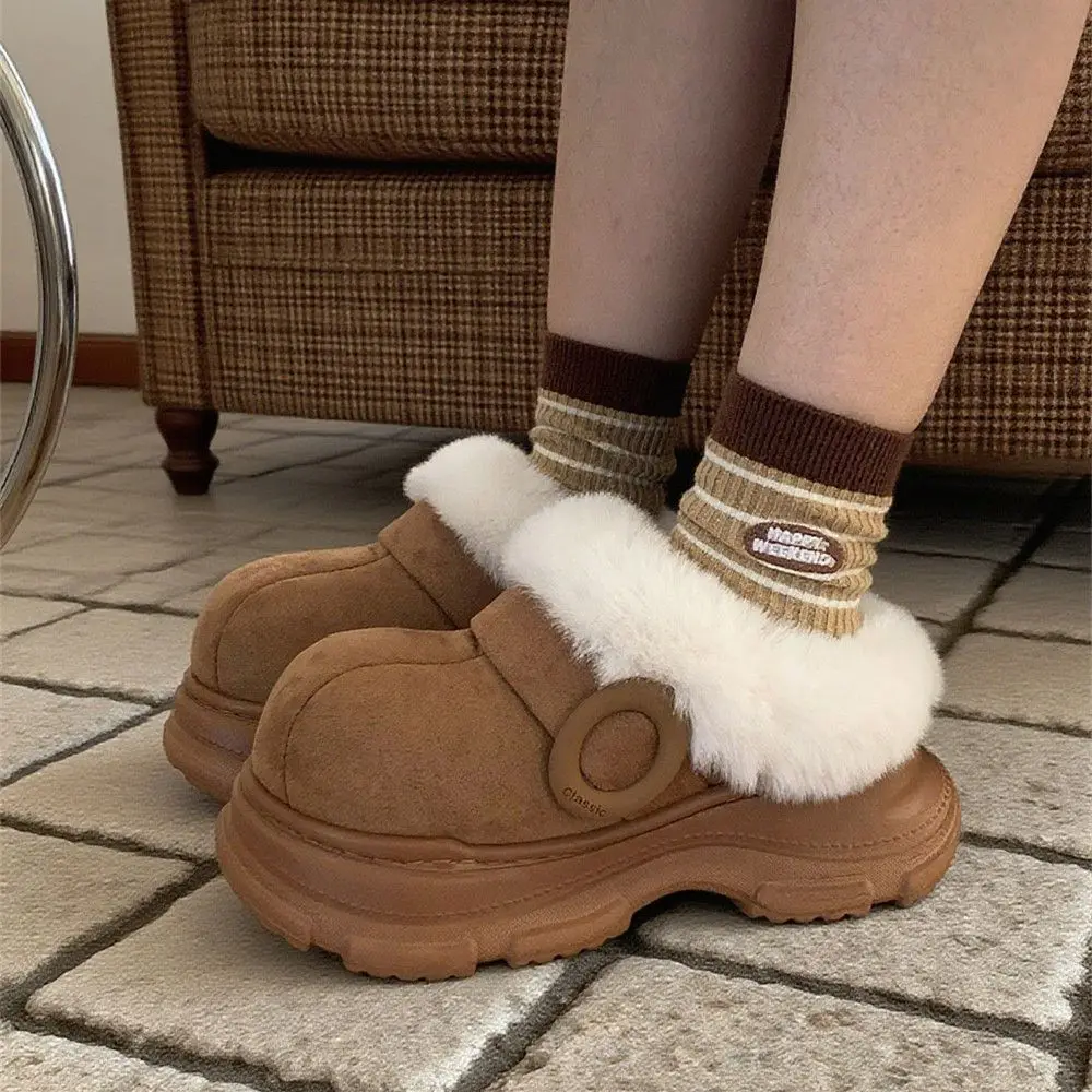 Winter Outdoor Warmth: Women's Height-Enhancing Fleece-Lined Slippers Plush Collar Thick-Soled Cotton Booties