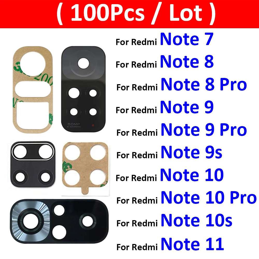 100Pcs Rear Back Camera Glass Lens For Xiaomi Redmi Note 7 8 8T 9 9s 10 10s 11 Pro 5G Camera Glass With Glue Adhesive