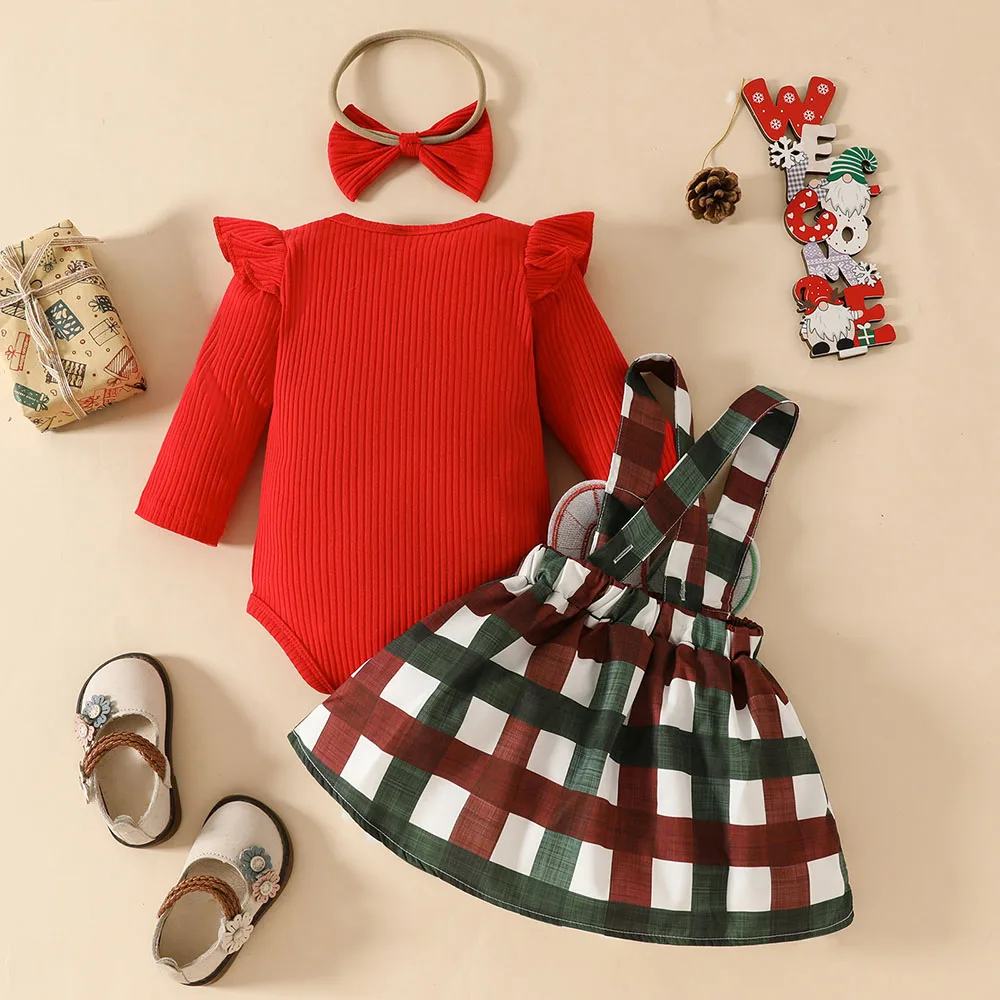 3pcs Christmas Bodysuit for newborn Long sleeve Solid Color Bodysuit Candy Applique Plaid Suspender Dress Sets