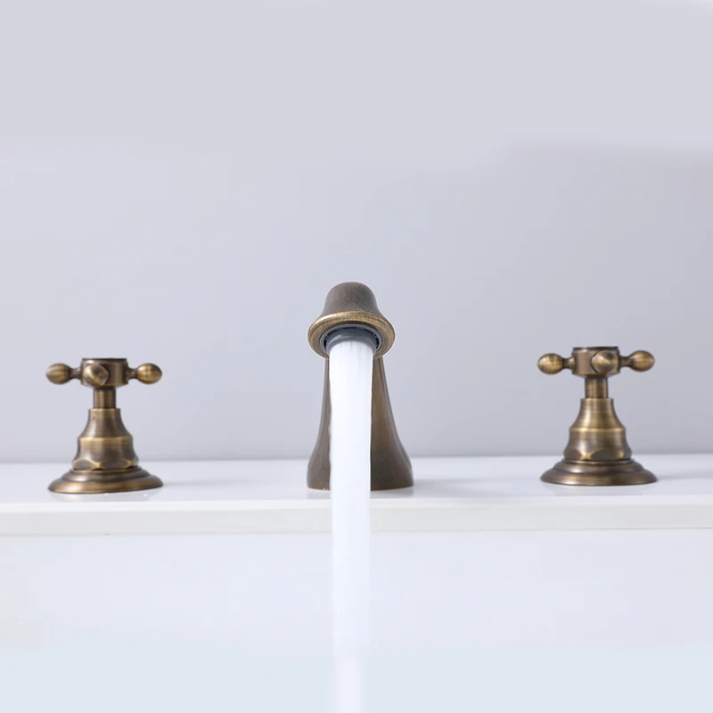 

Antique Copper Bathroom Basin Faucet Double Handle Three Hole Sink Tap Deck Mounted Washbasin Faucet