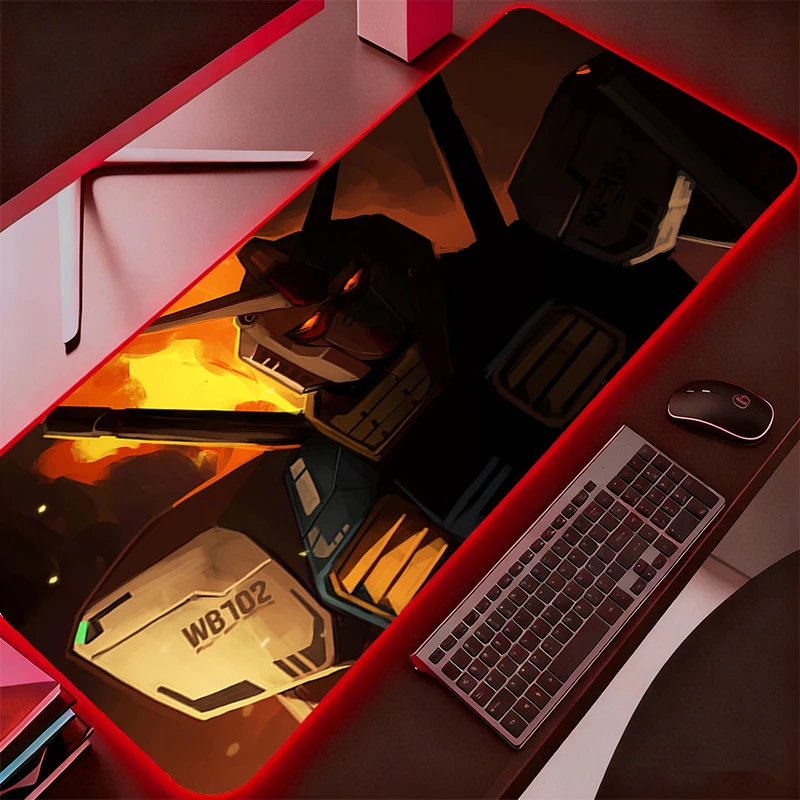Mouse Pad LED para Jogos Mobile Suit Gundam, Mousepad Gamer XXL, Tapete de Mesa com Luz de Fundo para Teclado e Mouse
