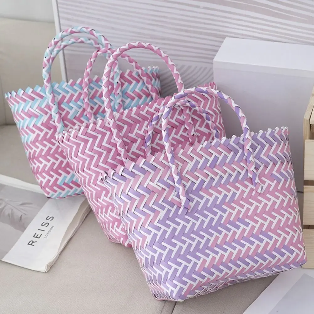 Summer Candy-colored Color Contrast Tote Bag Weaving Baskets Hand-woven Vegetable Basket Bag Shopping Bag Shoulder Bag