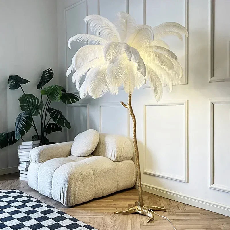 Imagem -03 - Nordic Ostrich Feather Floor Lamp Resin Copper Standing Light Iluminação Interior Bedroom Bedside Light Living Room Home Decor 200cm