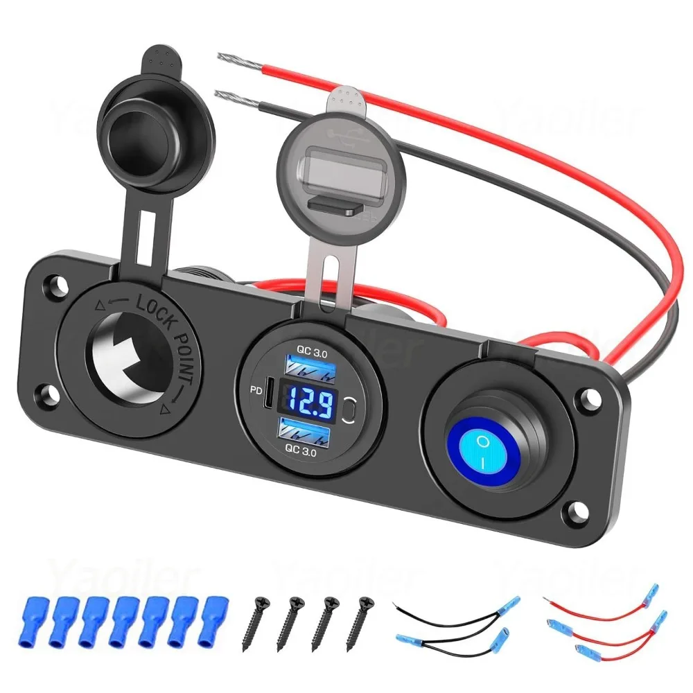 12V USB Outlet Marine Switch Panel PD & Dual QC3.0 USB Ports Car Charger with Voltmeter with Toggle Switch for Car Truck RV Boat