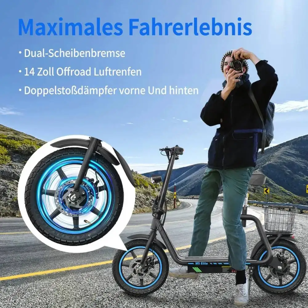 Patinete eléctrico para adultos TWOFISH M5 Elite-E con neumático de 14 pulgadas, batería de 48V13AH, para desplazamientos urbanos, con asientos extraíbles.