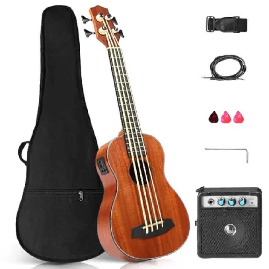 Electric Acoustic Bass Ukulele, 30 inch Mahogany with EQ, Black finish, professional-grade for performances and practice, inclu