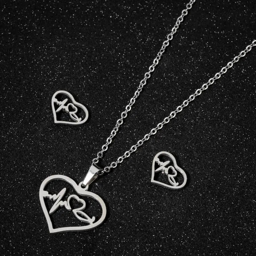 Minimalist Heartbeat Style Women\'S Stainless Steel Earring Pendant Necklace Set Earscreen Perforated Earrings Fashion Jewelry