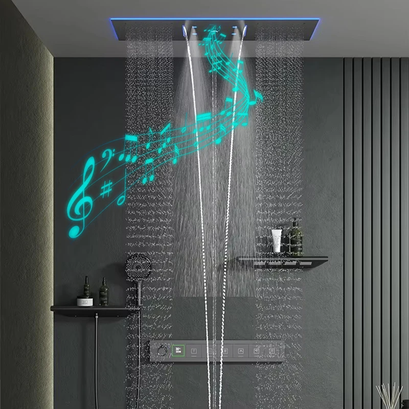 

Luxury Brass Ceiling Mount Thermostatic LED digital display Shower Set System Bluetooth Music Rain Shower Head Bathroom Faucet