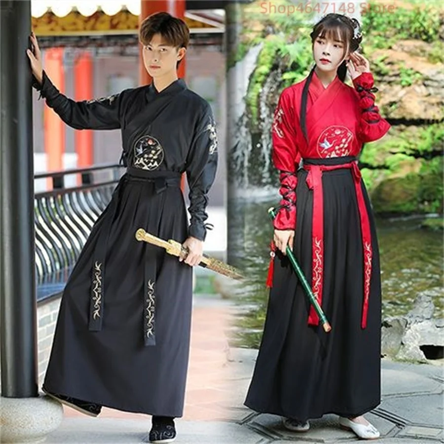 Unisex Adult Martial Style Hanfu Female Traditional Chinese Clothing Cross-Collar Han Suit Male Ancient Cosplay Couple Costum