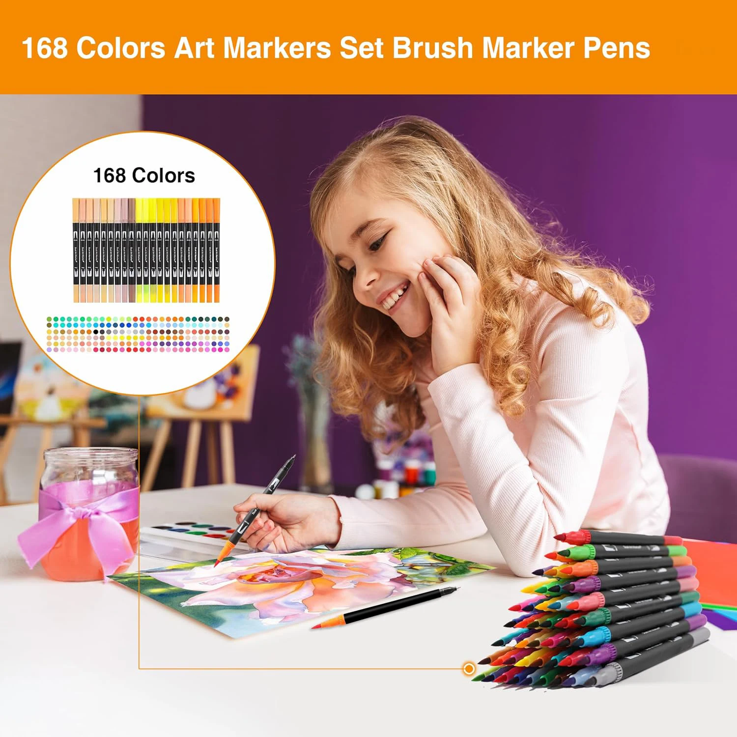 مجموعة ألوان مائية مكونة من 168 لونًا وفرشاة ألوان مائية رفيعة ذات طرف مزدوج للأطفال والكبار كتب تلوين بدون أقلام طلاء للرسم