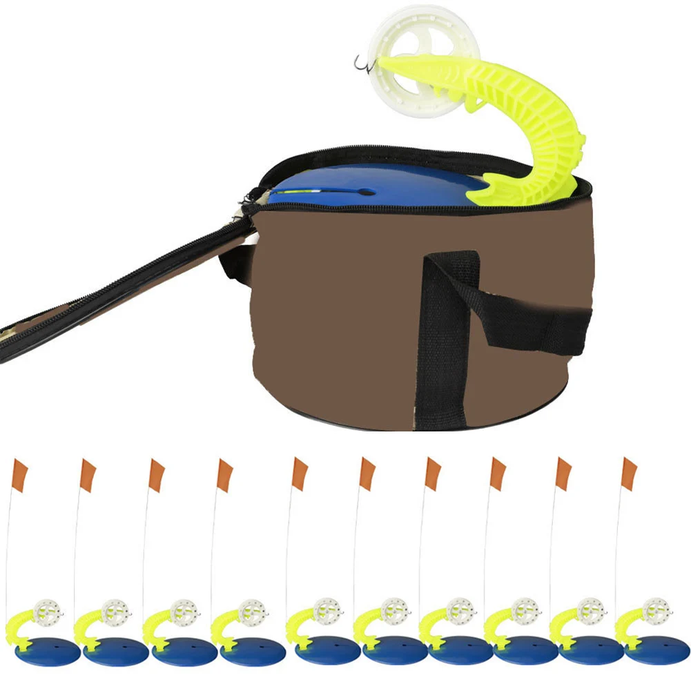 

Набор флагов для зимней рыбалки на открытом воздухе с тормозной системой, включает 10 флажков с сумкой для удочки для зимней подледной рыбалки.