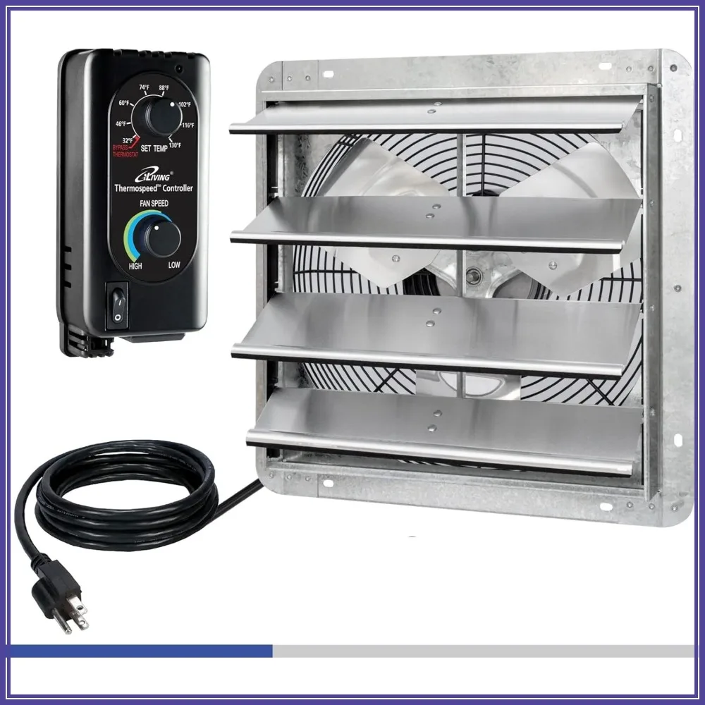 

16" Wall Mounted Shutter Exhaust Fan, Automatic Shutter with Thermostat & Variable Speed Controller, 1200 CFM, 1800 SQF Coverage