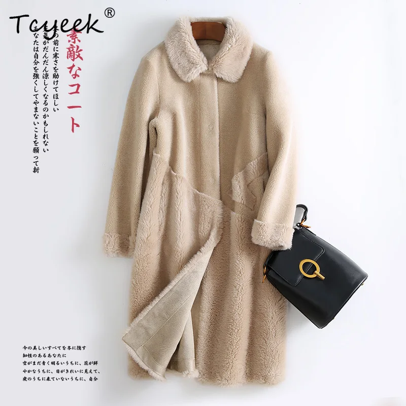 Tcyeek 100% ขนสัตว์ฤดูใบไม้ร่วงฤดูหนาวสไตล์เกาหลีแบบบูรณาการสแควร์Beigeความยาวปานกลางผู้หญิงเสื้อขนสัตว์Fourrures femme