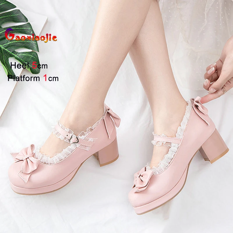 جديد الخشنة الكعوب النساء حذا فردي للسيدات الحلو Bowknot الديكور جولة تو مضخات مريحة الفم الضحلة أحذية منصة مقاوم للماء