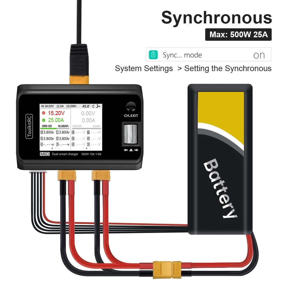 In Stock ToolkitRC M6D 15Ax2 DC Dual-channel Charger Discharger for Output 1-6s Cell Checker Tester With Synchronous Mode Cable