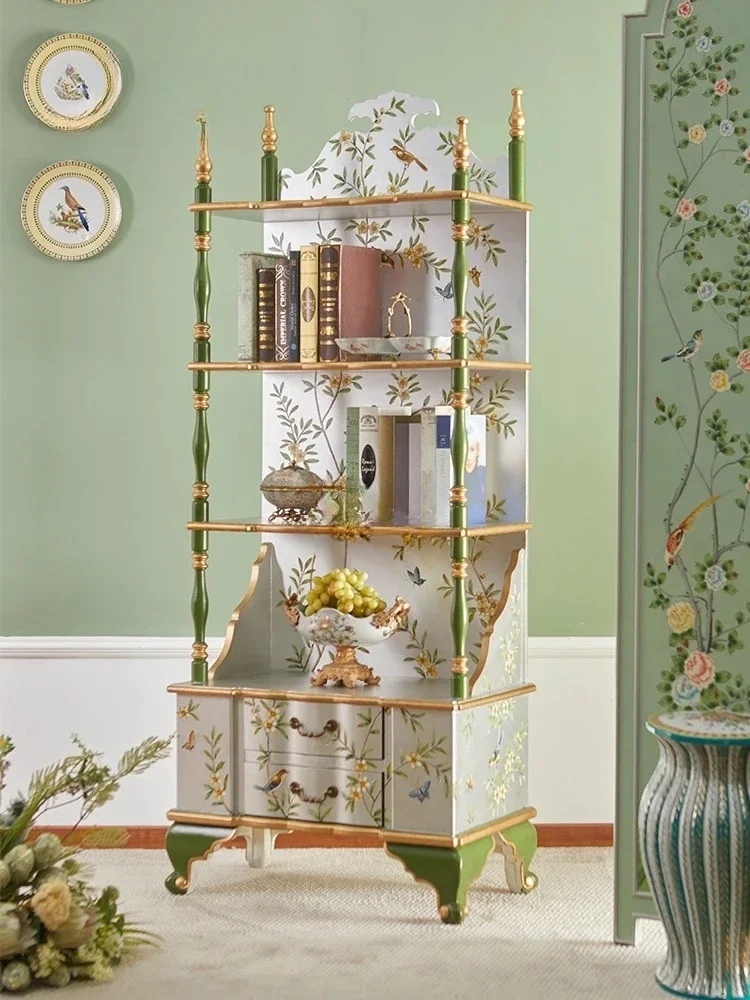 Yjq Chinese Style Bookshelf Solid Wood Hand Painted Display Cabinet Vintage Storage Classical Display Silver